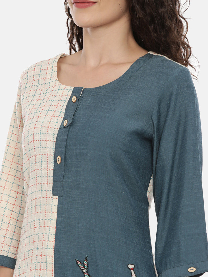 Neerus Beige slub cotton solid kurti - back view