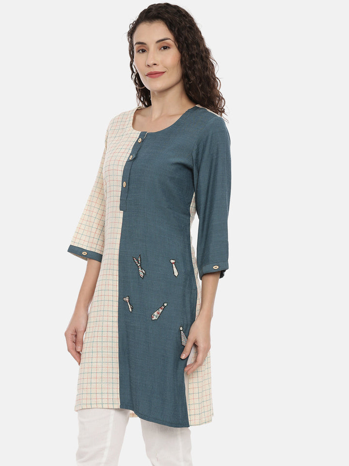 Neerus Beige slub cotton solid kurti - side view