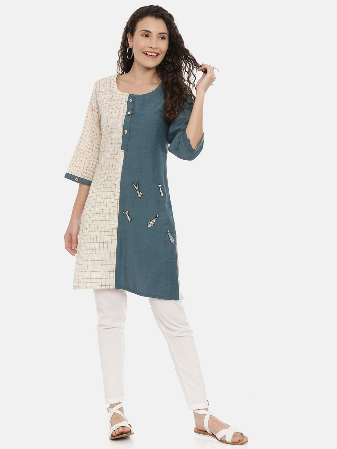 Neerus Beige slub cotton solid kurti - detail view 2