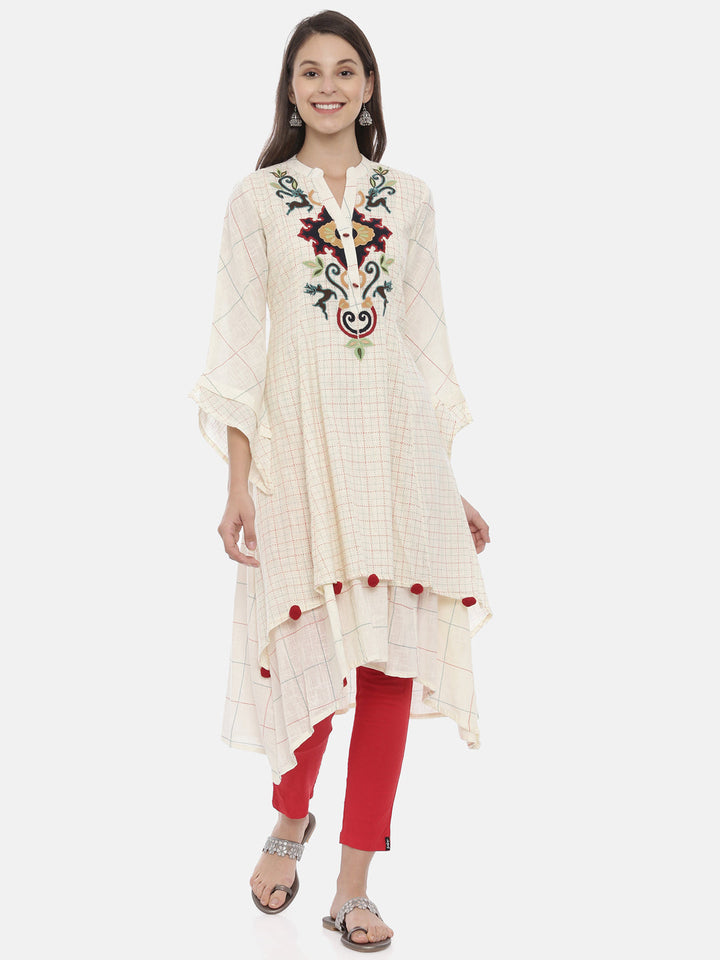 Neerus Beige cotton embroidered A-line kurta - front view