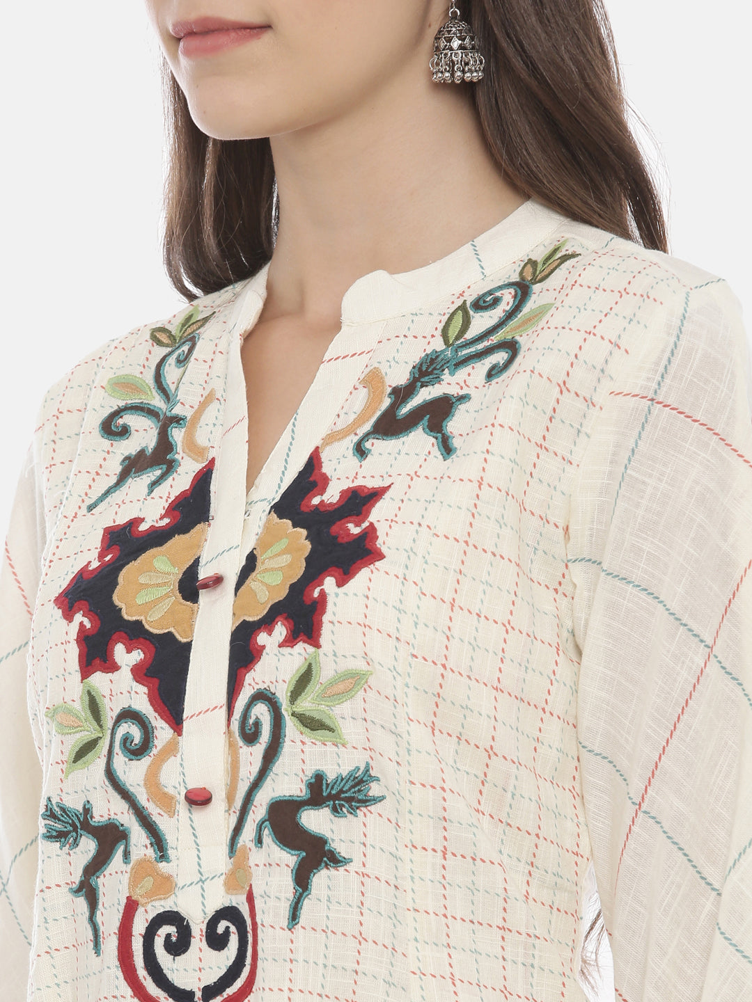 Neerus Beige cotton embroidered A-line kurta - detail view 1