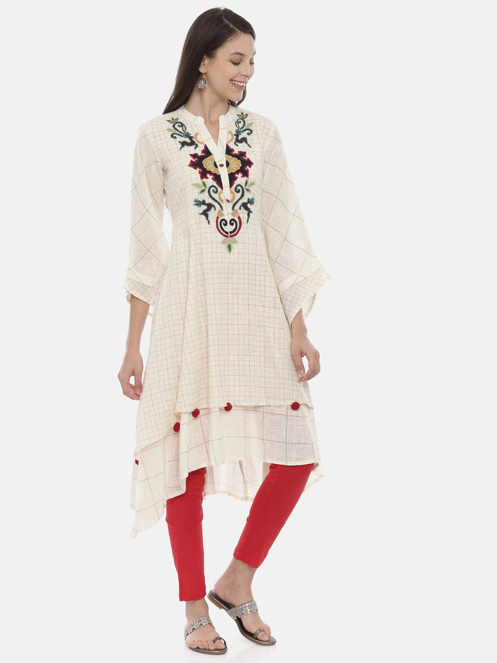 Neerus Beige cotton embroidered A-line kurta - back view