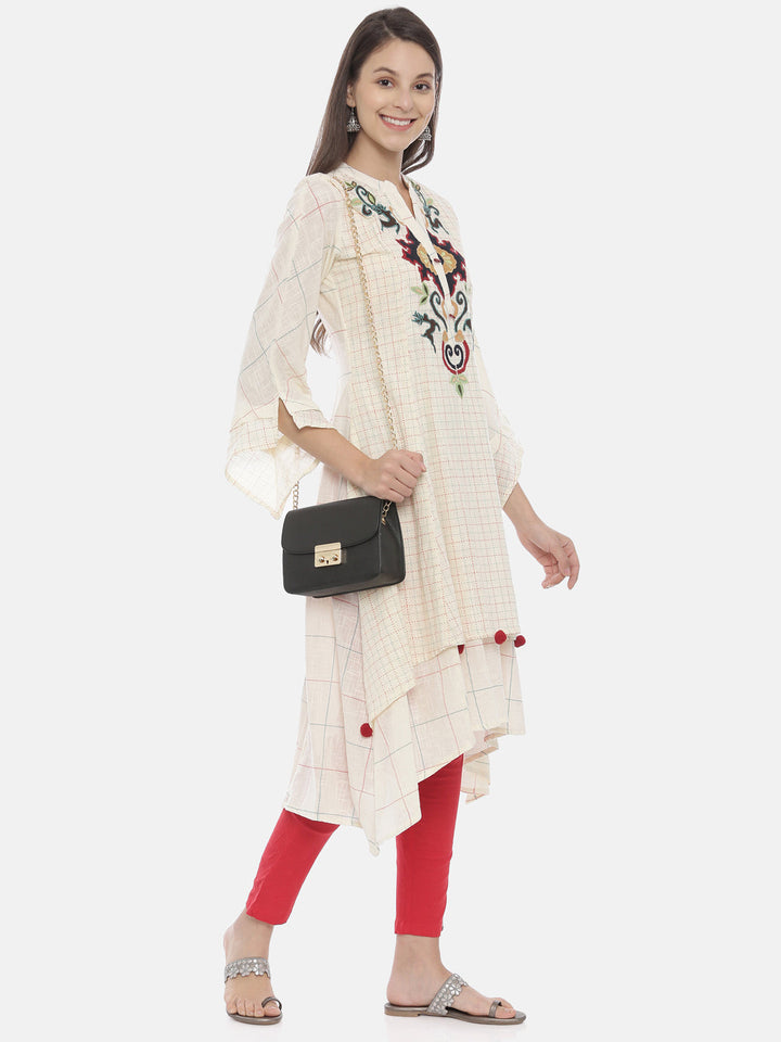 Neerus Beige cotton embroidered A-line kurta - detail view 2