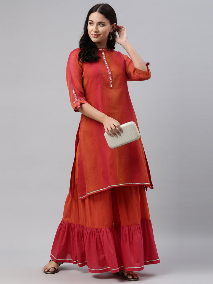Neerus Pink chanderi pleated kurta set with sharara - detail view 3