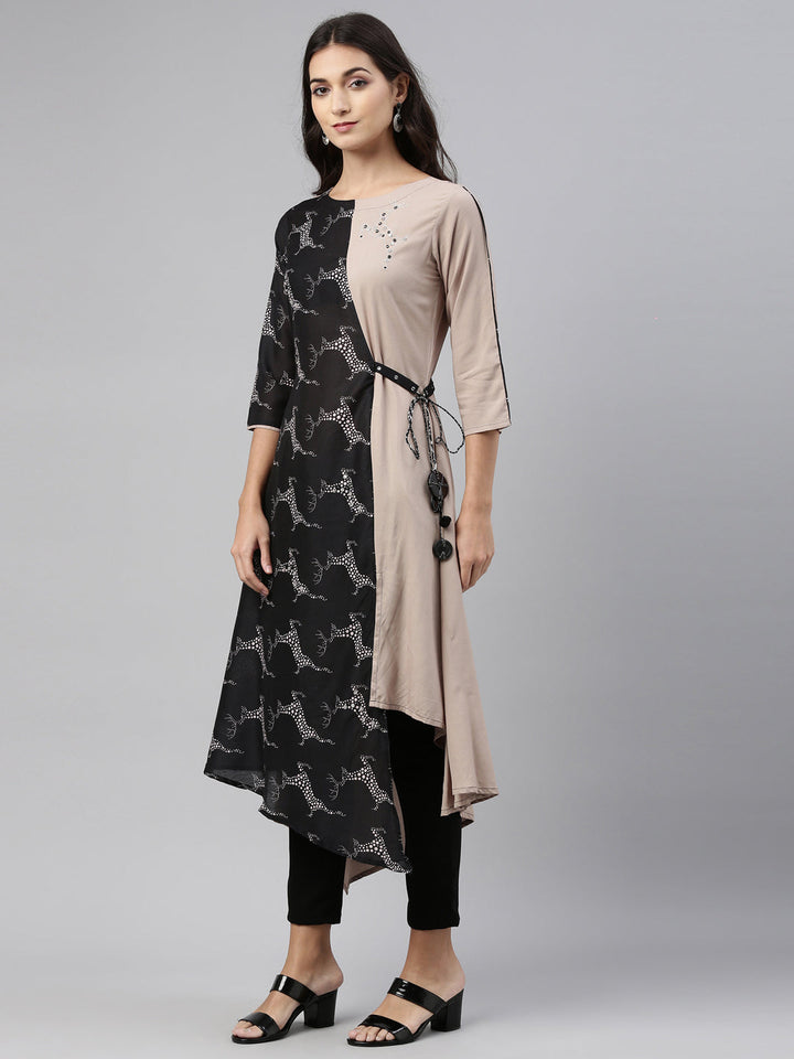 Neerus Black printed cotton straight kurti - front view