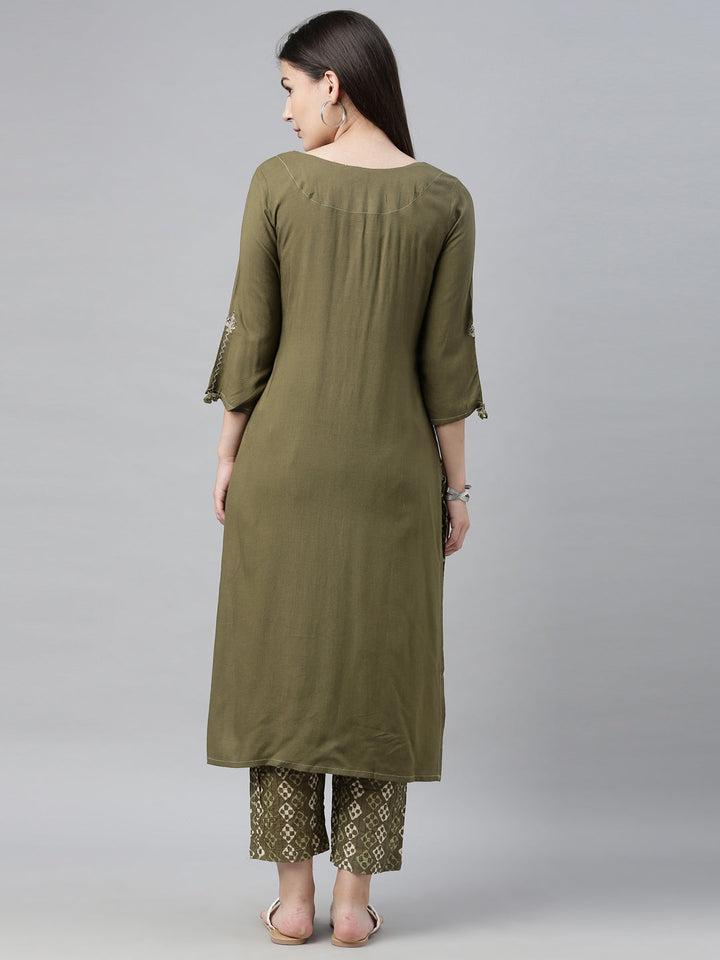 Neerus Green embroidered kurta set with trousers - side view