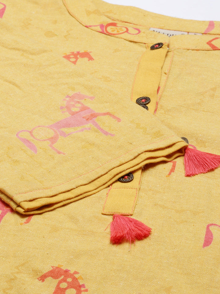 Neerus Yellow cotton printed kurta set with palazzo - detail view 2