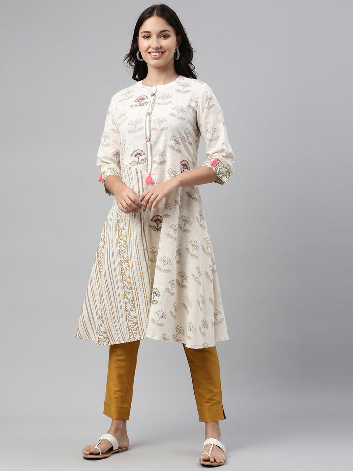 Neerus Beige cotton printed kurti - front view