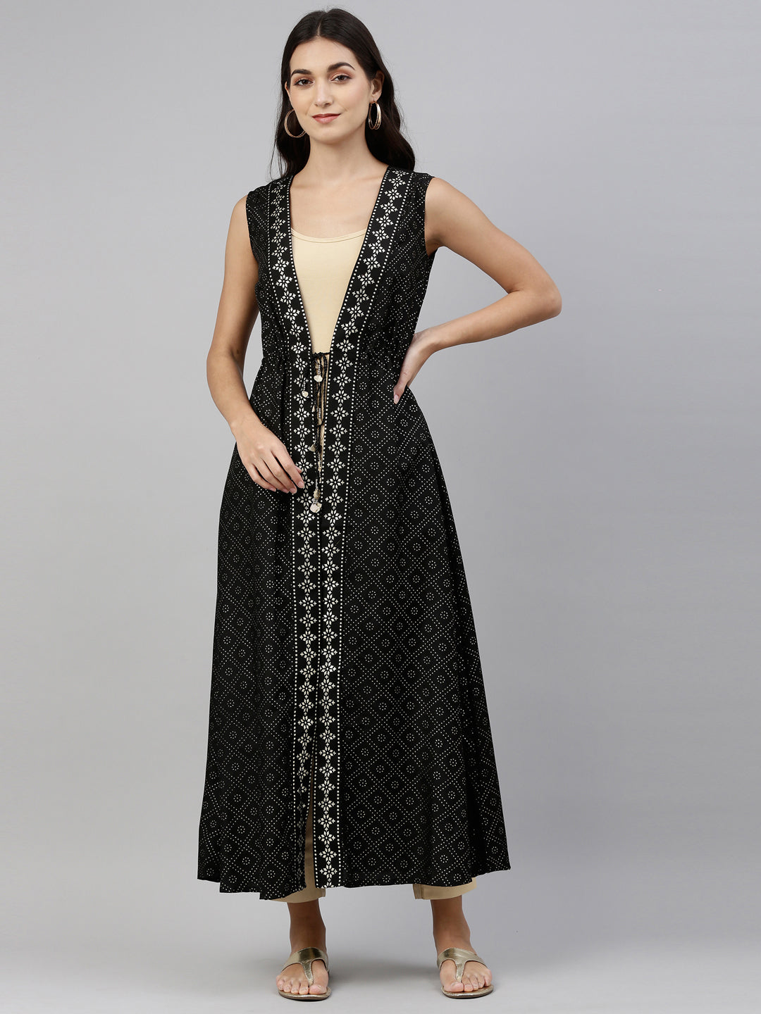 Neerus Black muslin printed ethnic longline jacket - front view