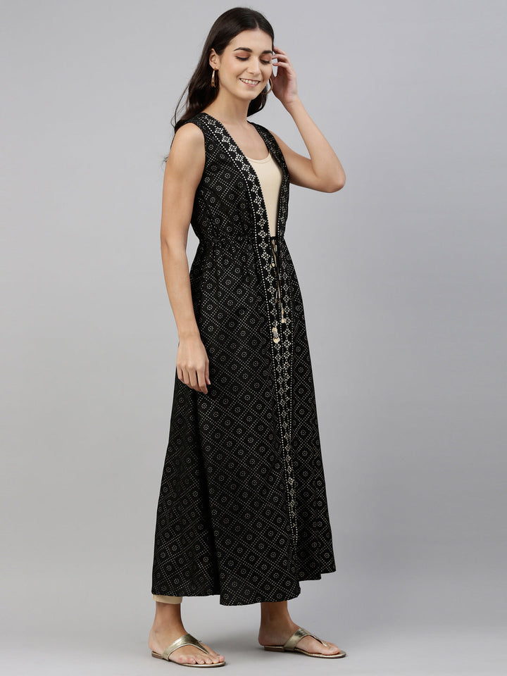 Neerus Black muslin printed ethnic longline jacket - back view