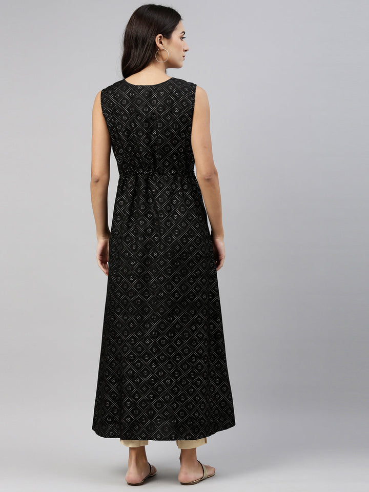 Neerus Black muslin printed ethnic longline jacket - side view
