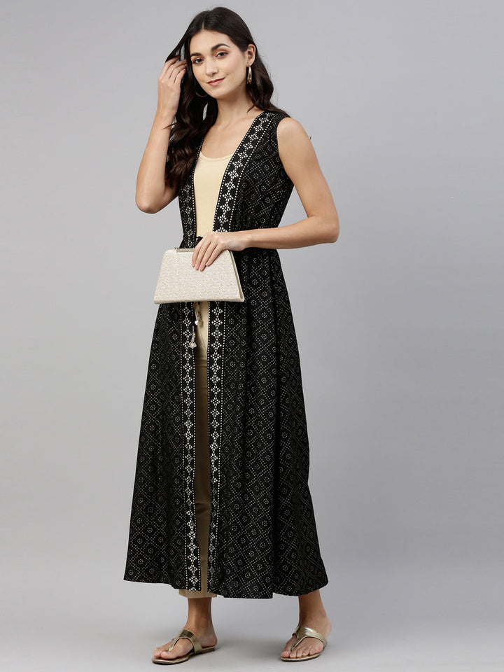 Neerus Black muslin printed ethnic longline jacket - detail view 2