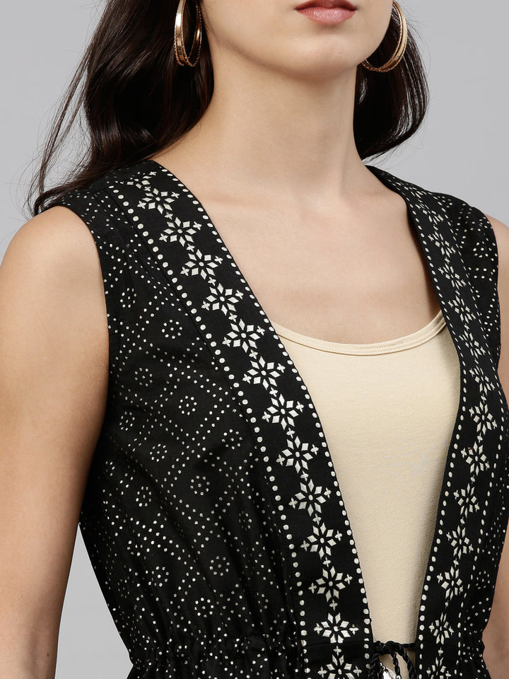 Neerus Black muslin printed ethnic longline jacket - detail view 1