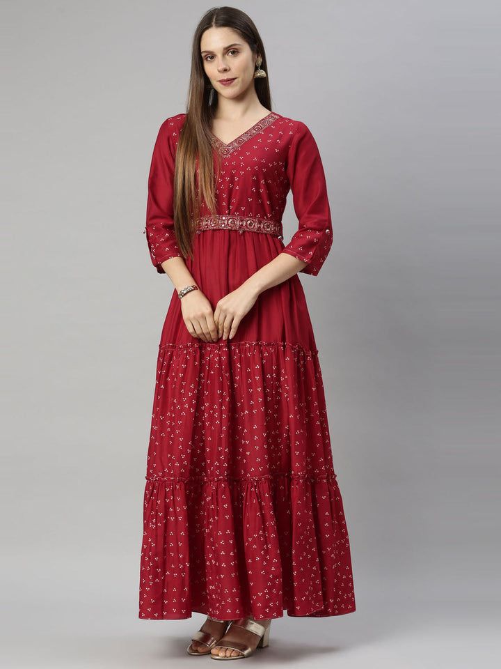 Neerus Maroon Chikankari Anarkali Kurta - front view