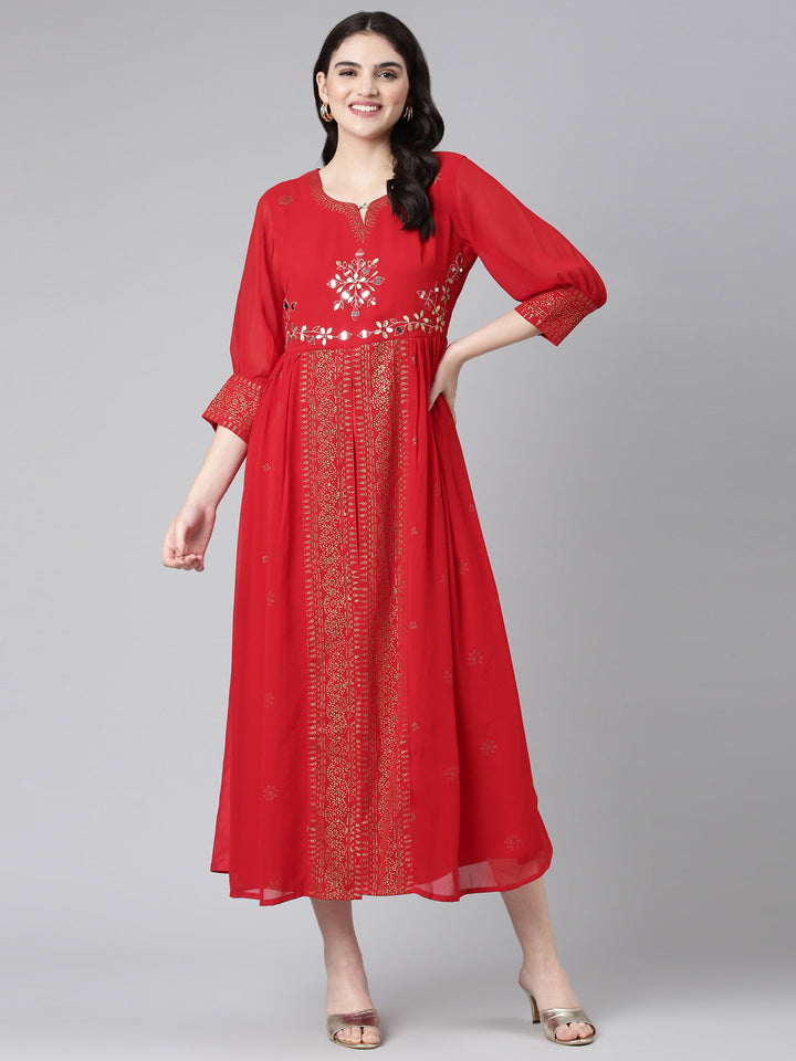 Neerus Red georgette embellished straight dress - detail view 2