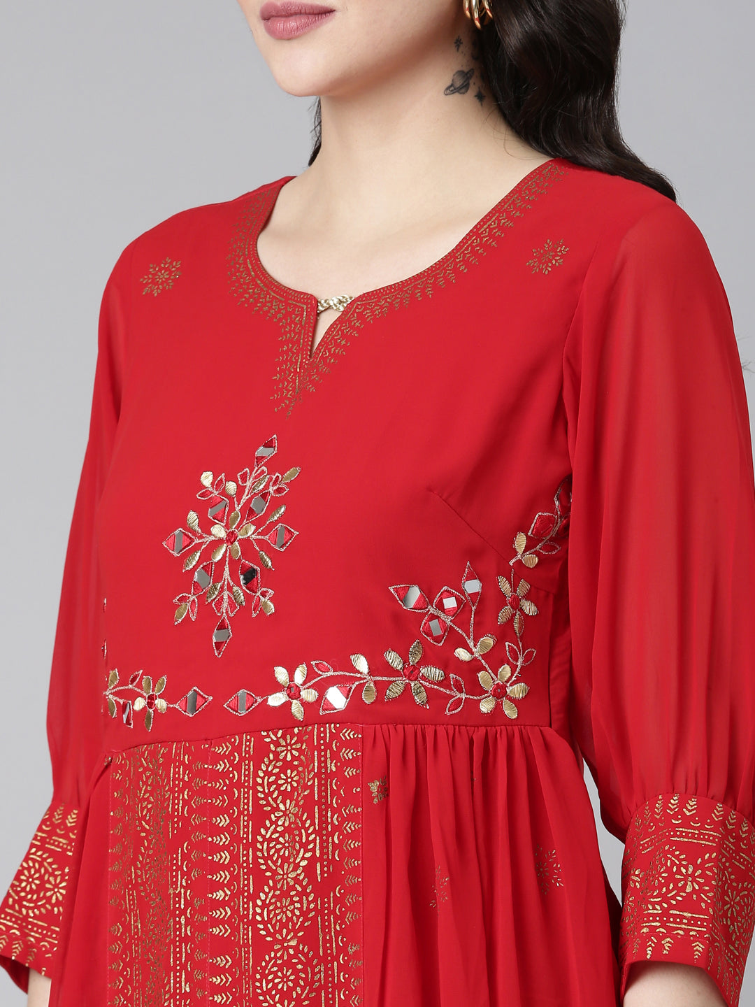 Neerus Red georgette embellished straight dress - detail view 1