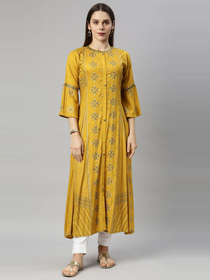 Neerus Yellow printed flared kurta for women - front view