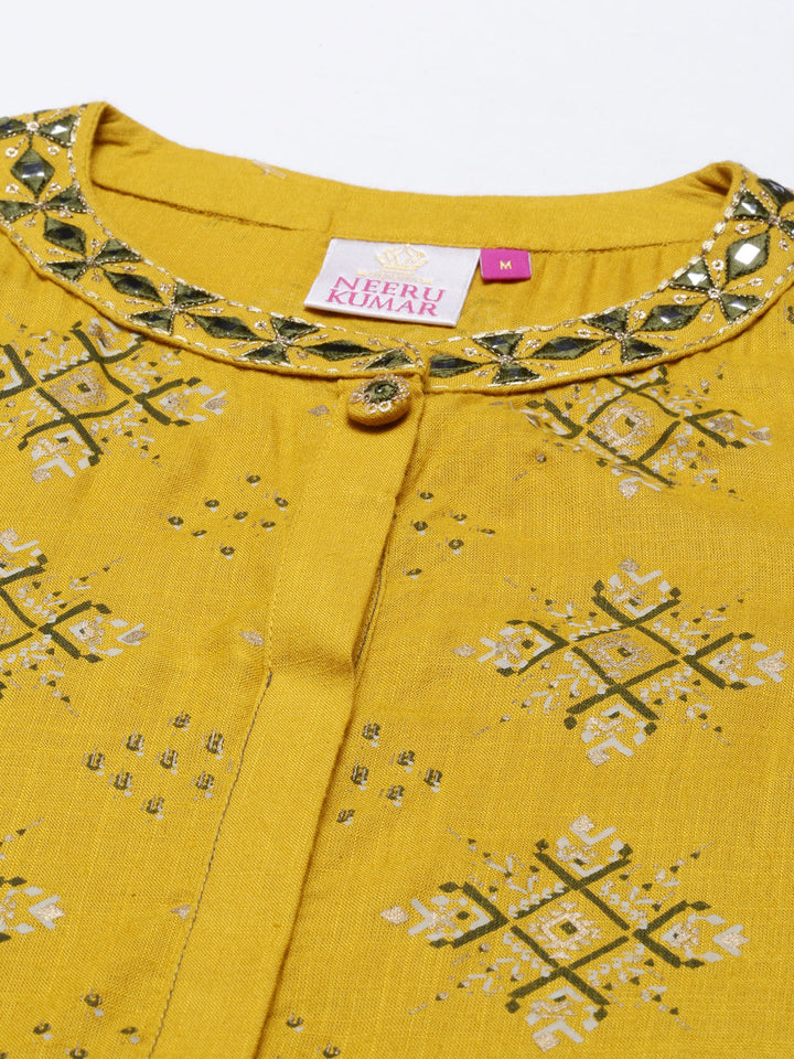 Neerus Yellow printed flared kurta for women - detail view 2
