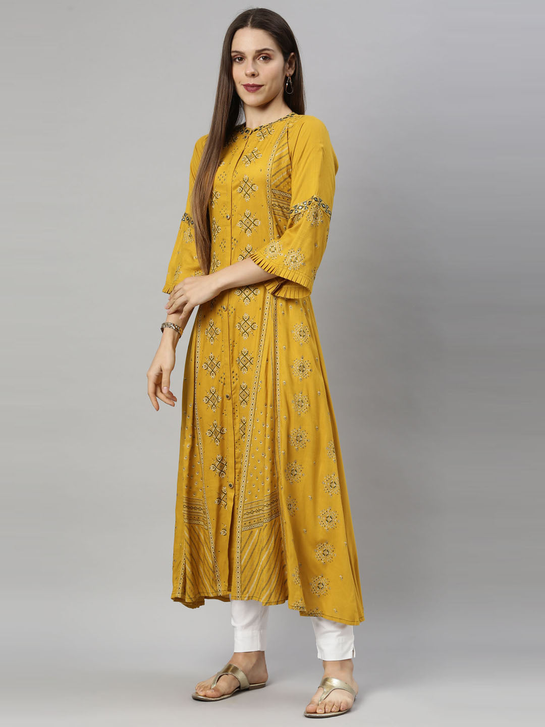 Neerus Yellow printed flared kurta for women - back view