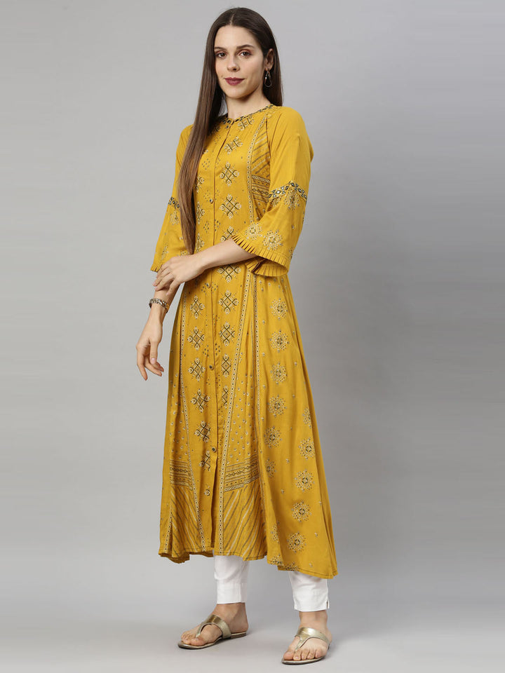Neerus Yellow printed flared kurta for women - back view