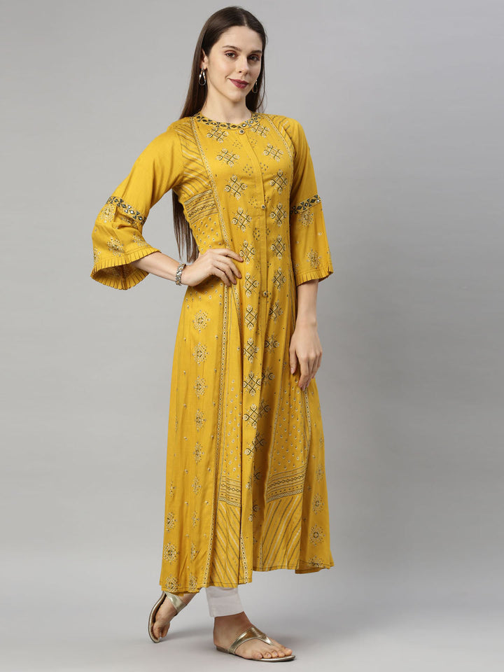Neerus Yellow printed flared kurta for women - side view