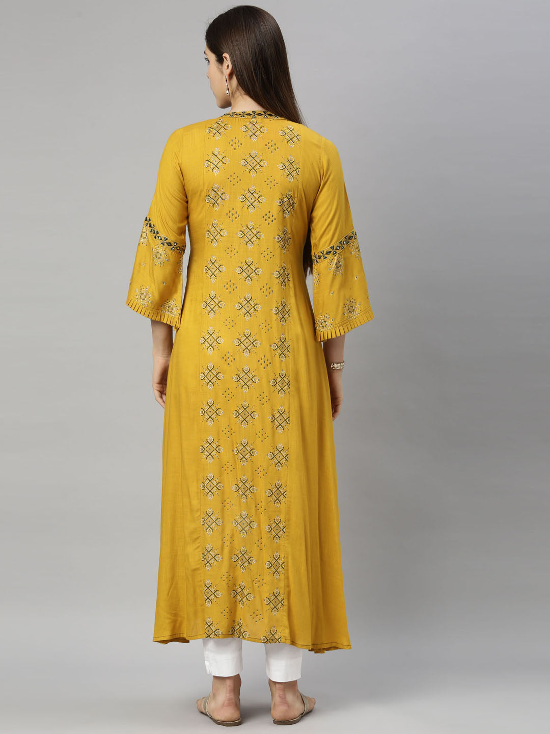 Neerus Yellow printed flared kurta for women - detail view 1