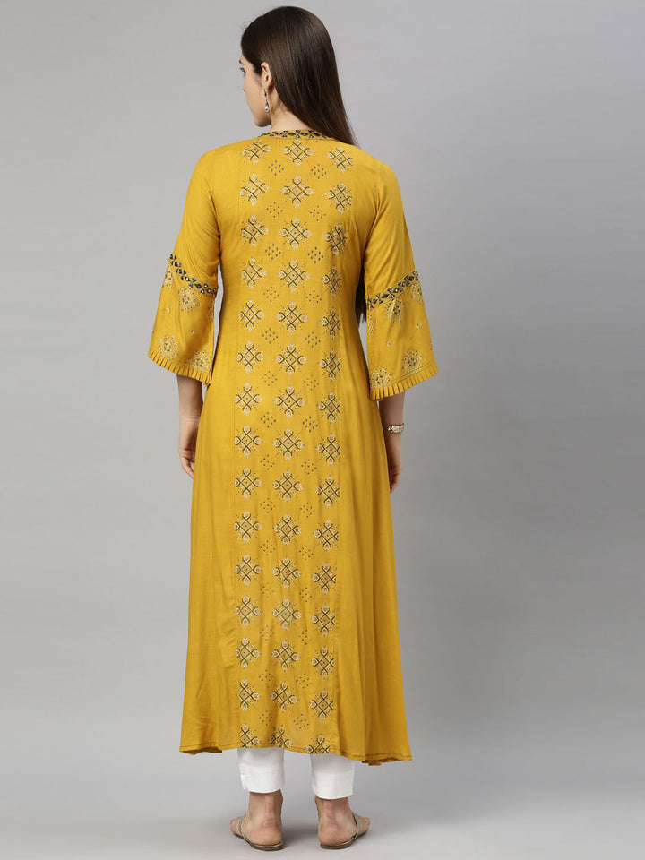 Neerus Yellow printed flared kurta for women - detail view 1