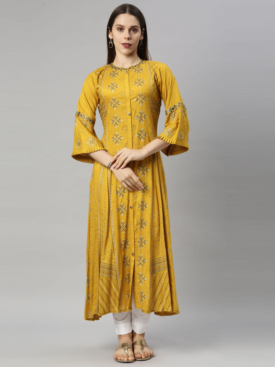 Neerus Yellow printed flared kurta for women - detail view 3