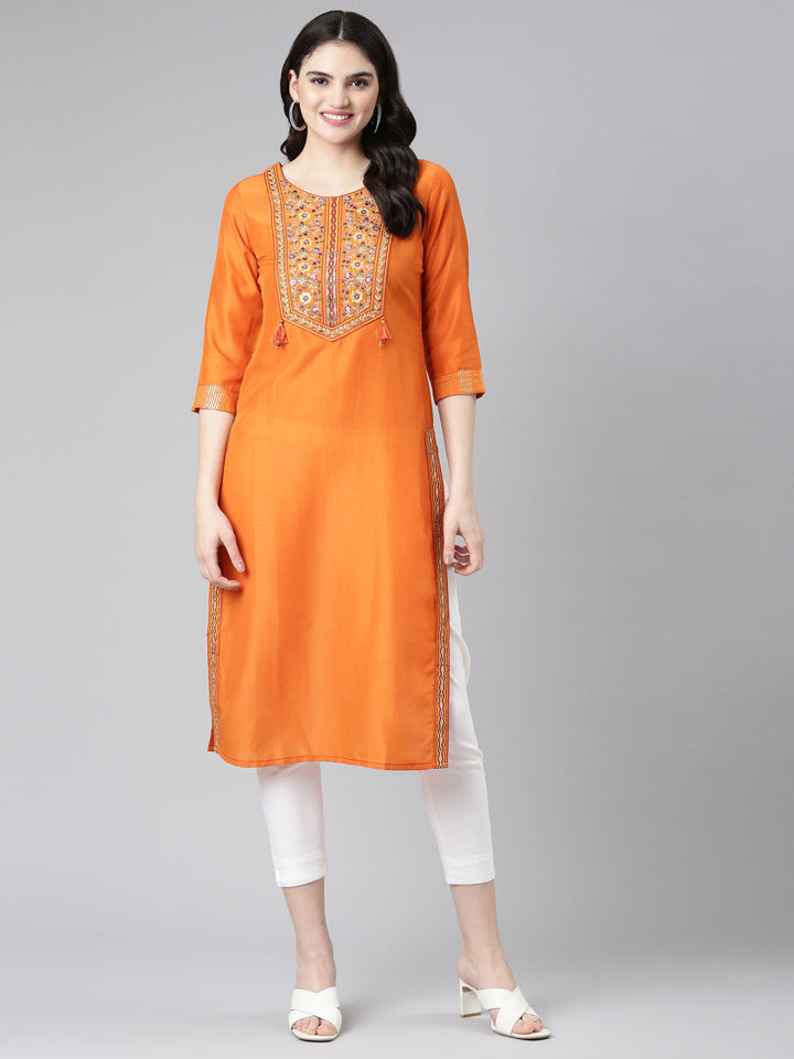 Neerus Orange cotton embroidered straight kurti - front view