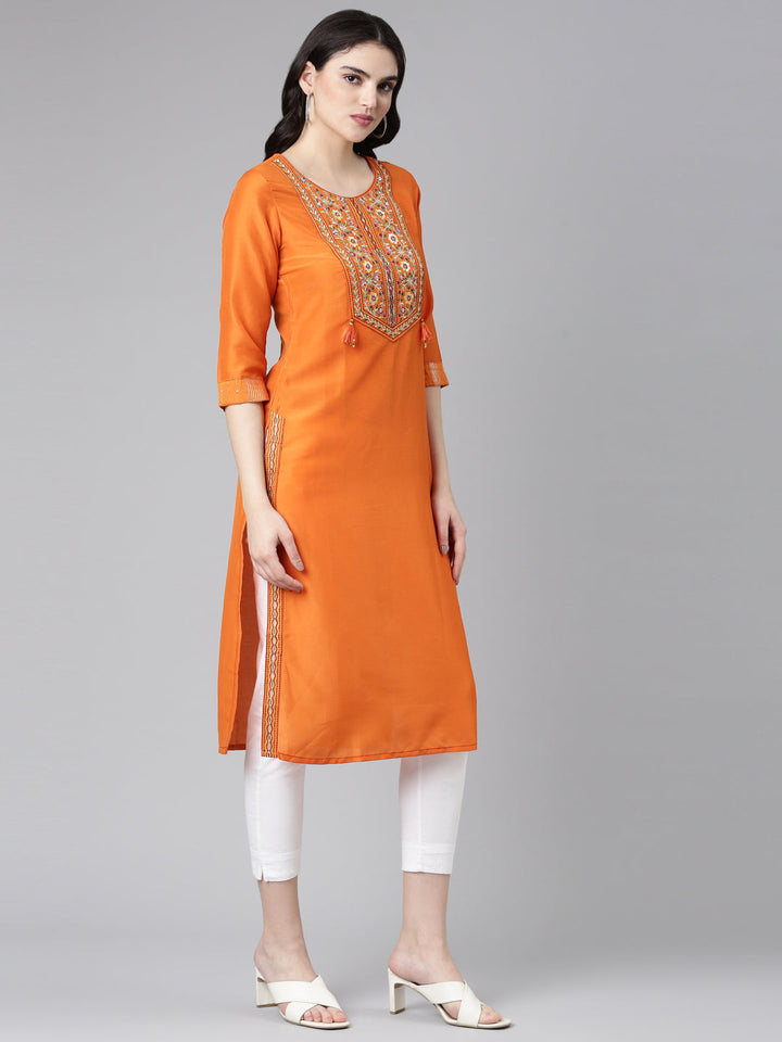 Neerus Orange cotton embroidered straight kurti - back view