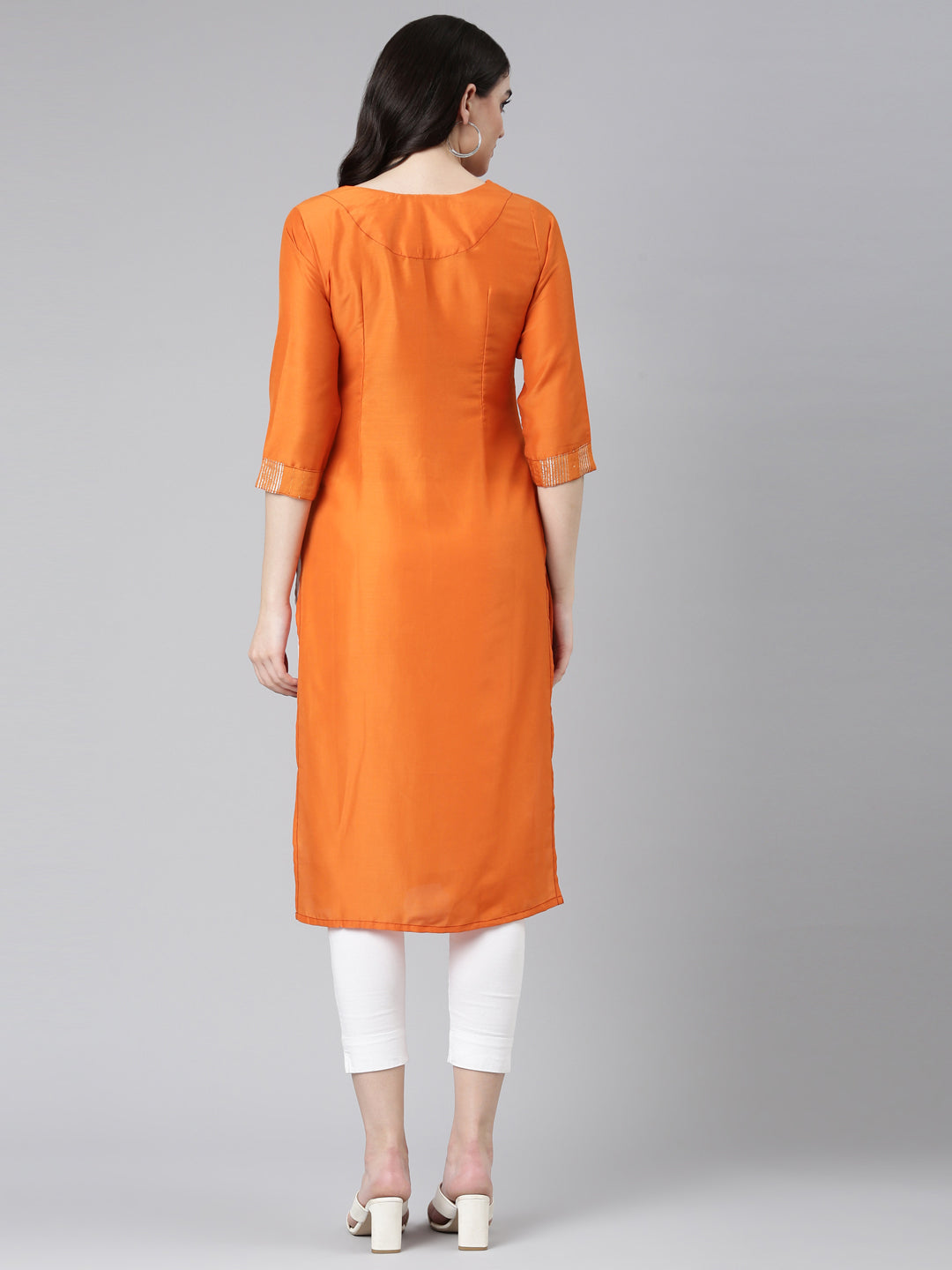 Neerus Orange cotton embroidered straight kurti - side view