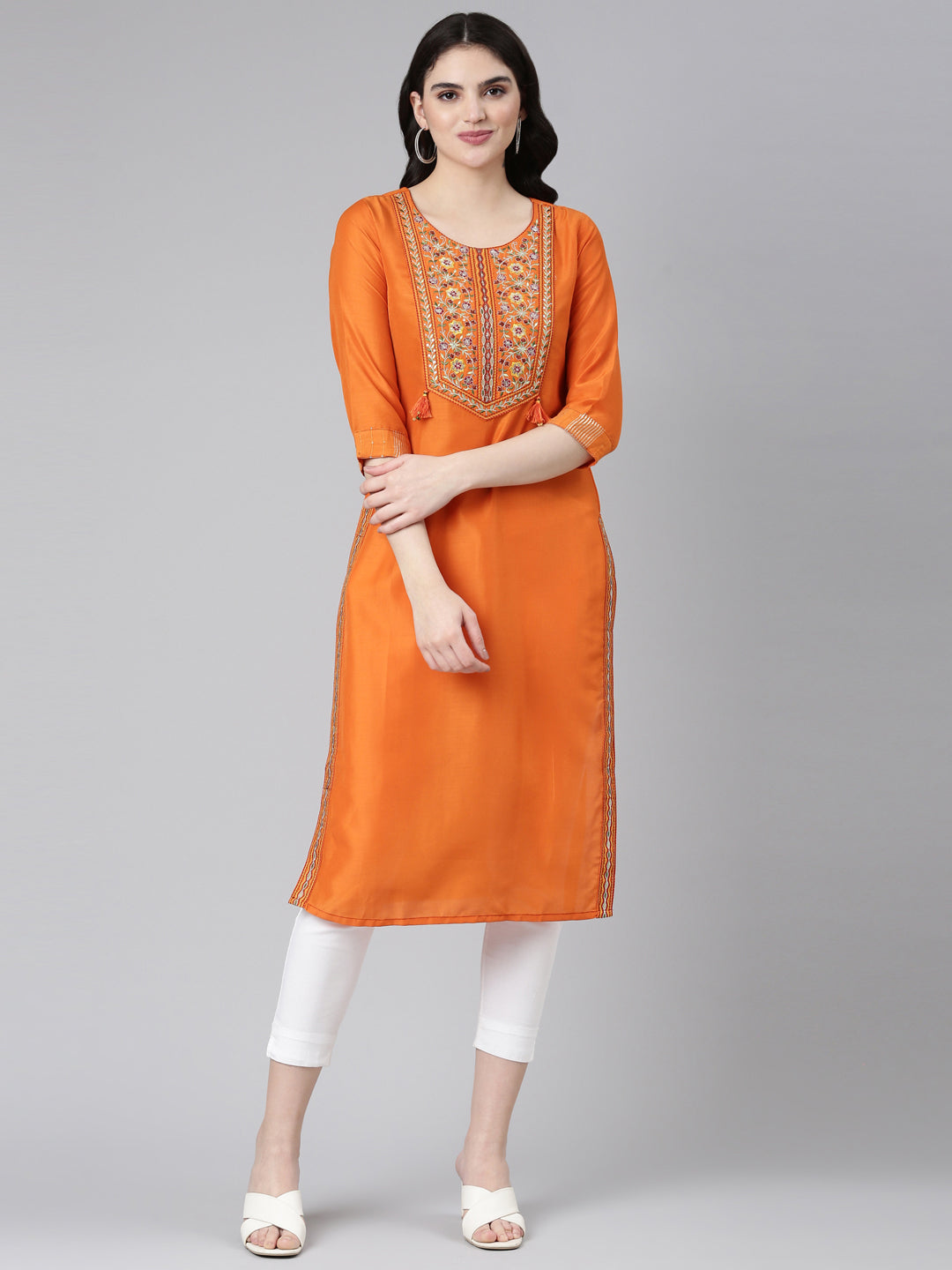 Neerus Orange cotton embroidered straight kurti - detail view 2