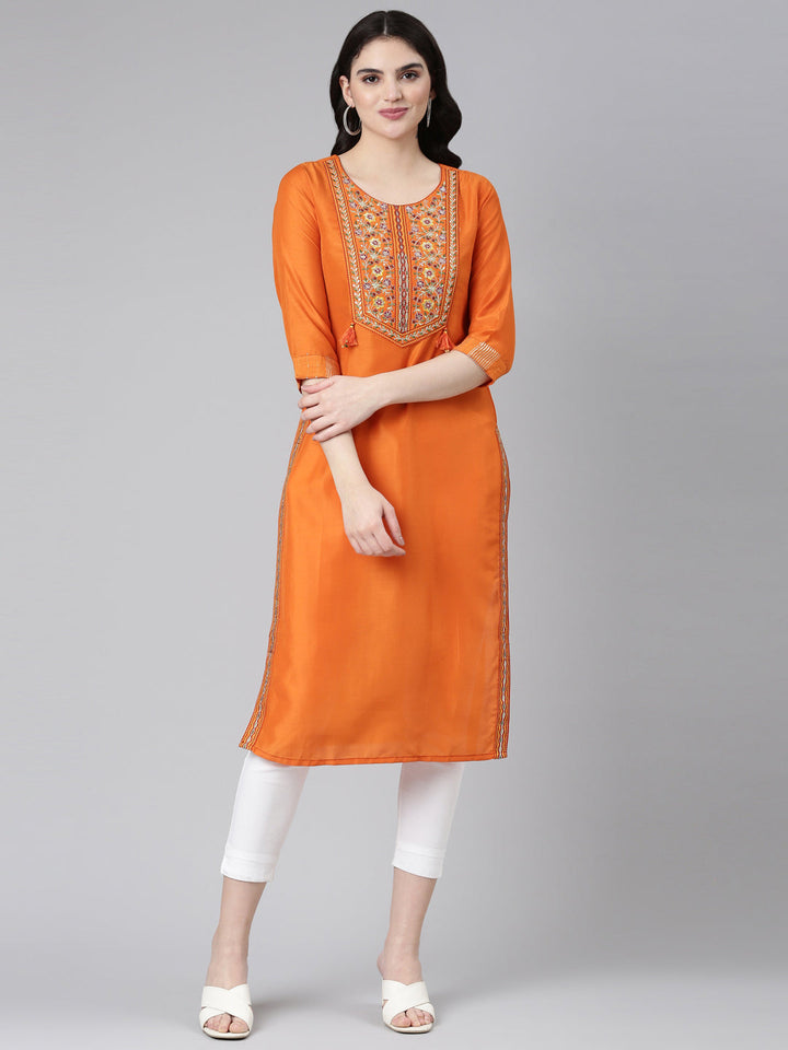 Neerus Orange cotton embroidered straight kurti - detail view 2