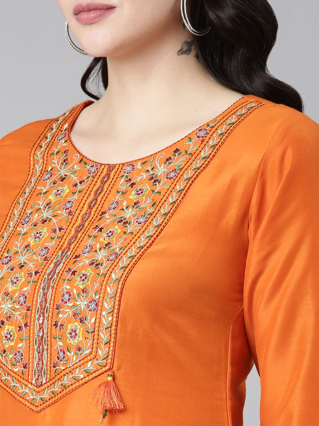 Neerus Orange cotton embroidered straight kurti - detail view 1