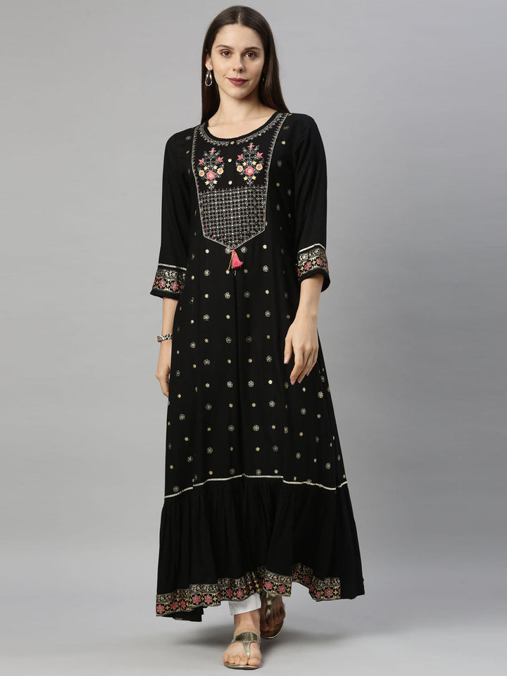 Neerus Black rayon floral printed kurti - front view
