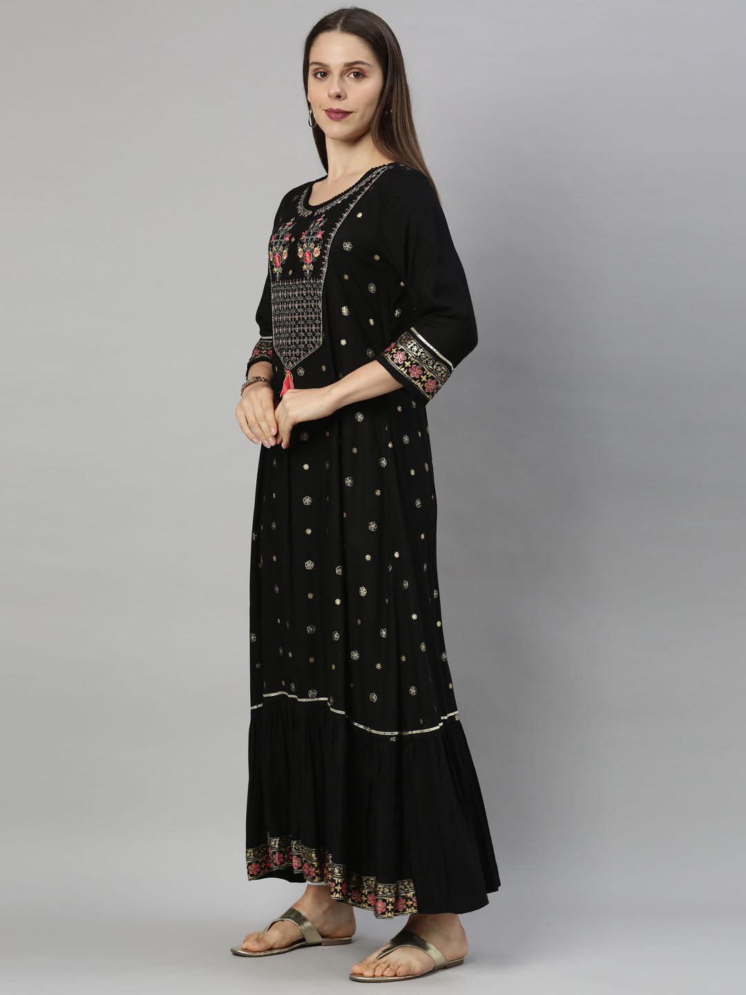 Neerus Black rayon floral printed kurti - detail view 1