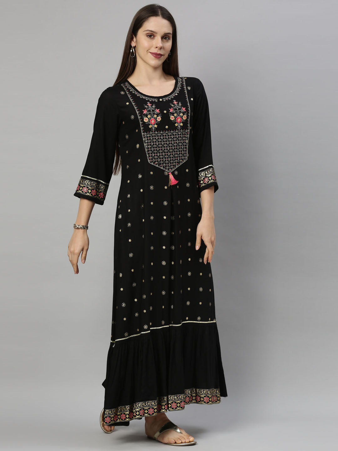 Neerus Black rayon floral printed kurti - detail view 2