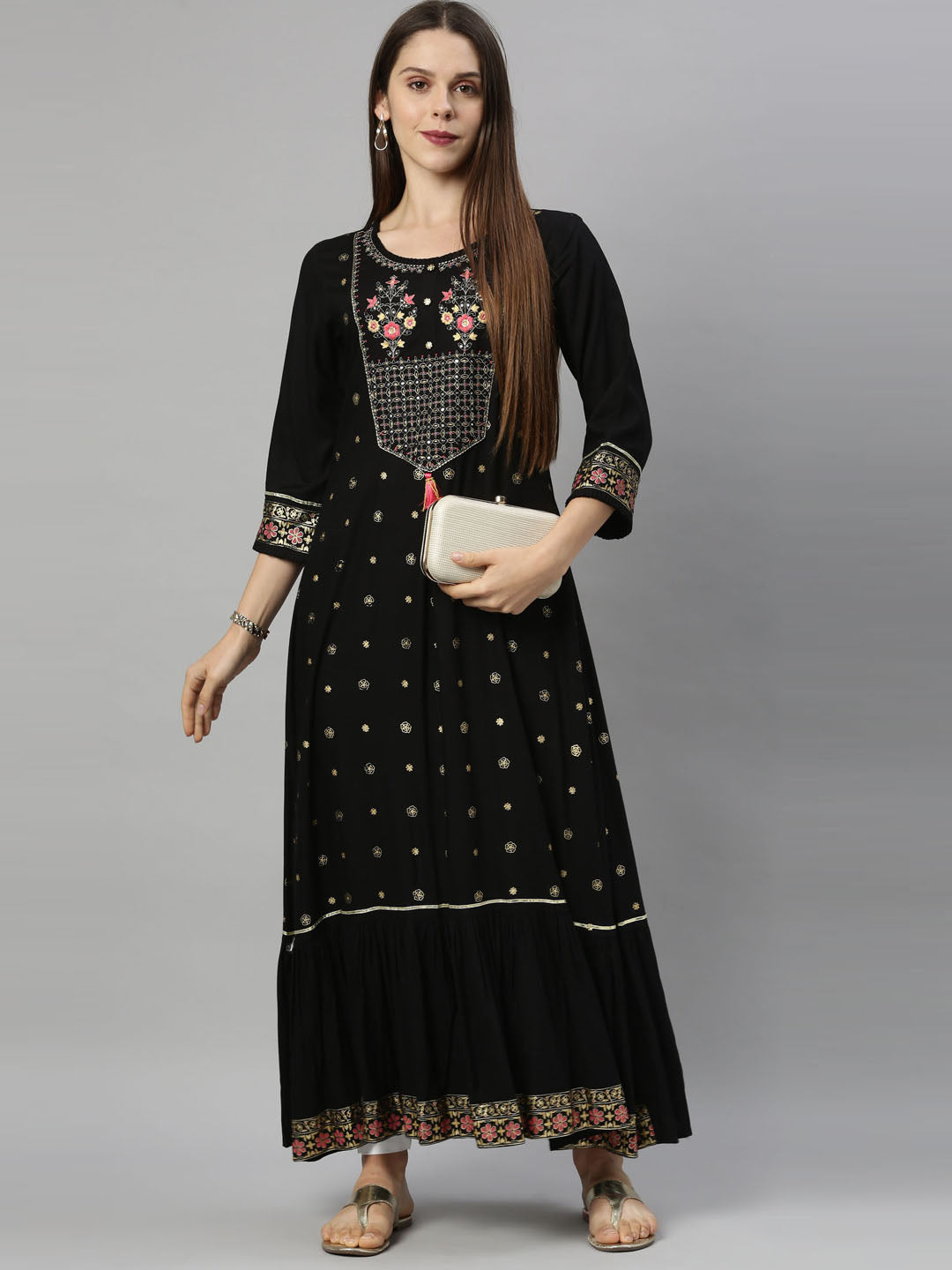 Neerus Black rayon floral printed kurti - detail view 4