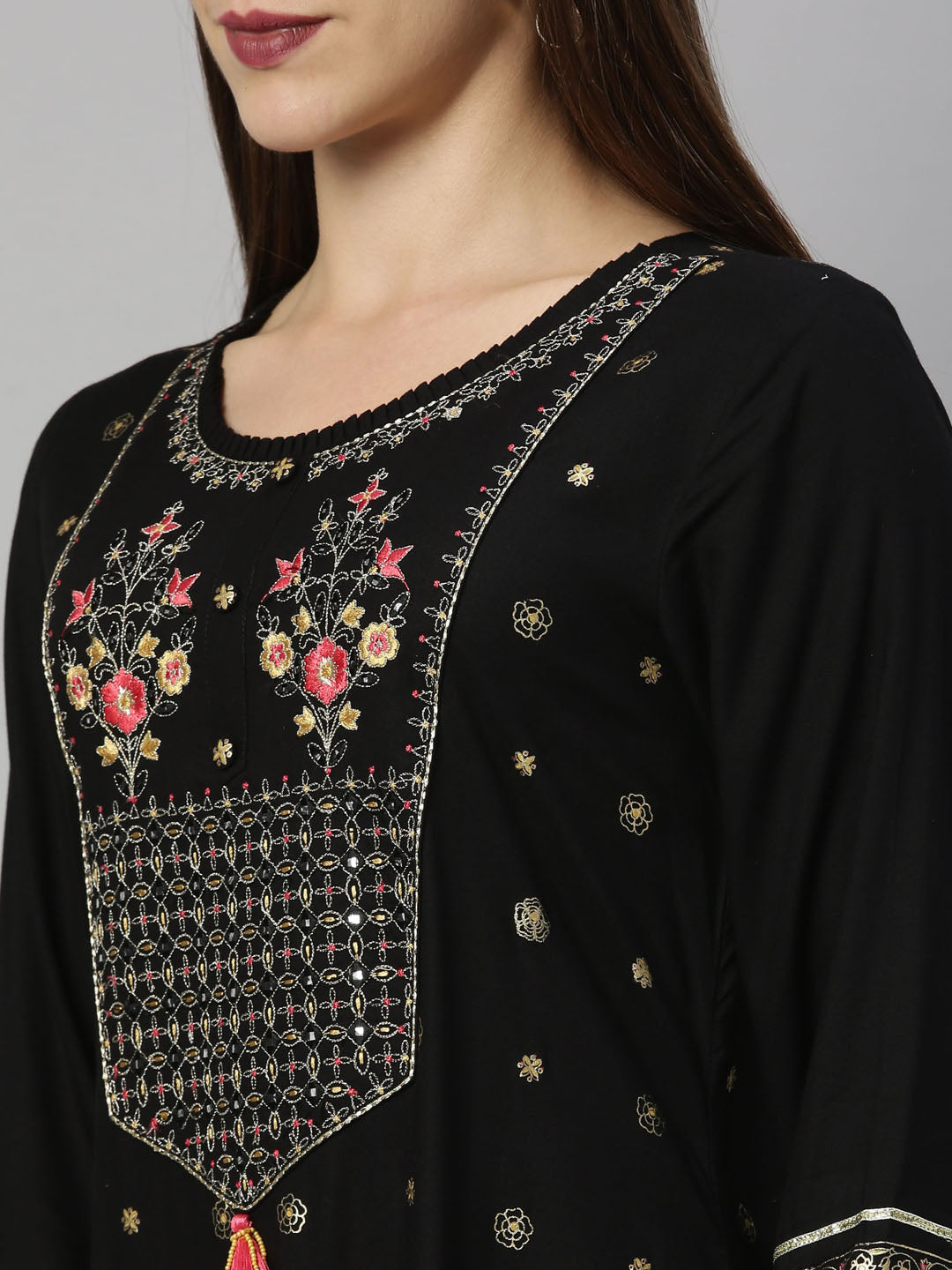 Neerus Black rayon floral printed kurti - detail view 5