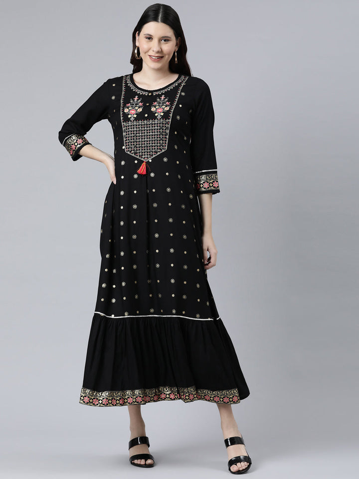 Neerus Black Color Rayon Fabeic Dress