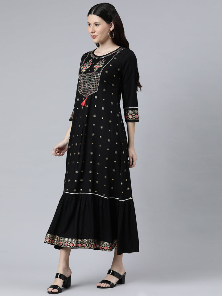 Neerus Black Color Rayon Fabeic Dress