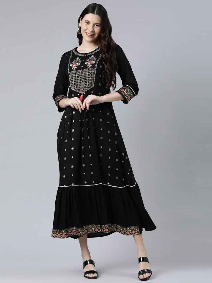 Neerus Black Color Rayon Fabeic Dress