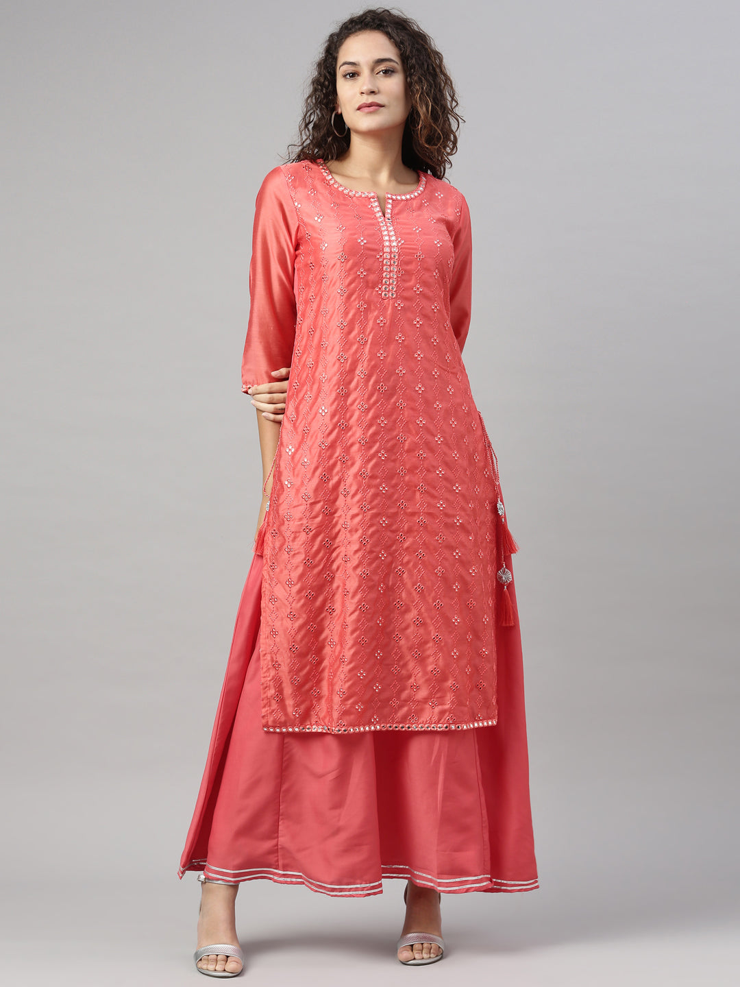 Neerus Orange Chanderi Chikankari Kurta - front view