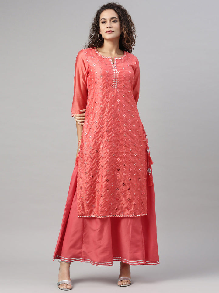Neerus Orange Chanderi Chikankari Kurta - front view