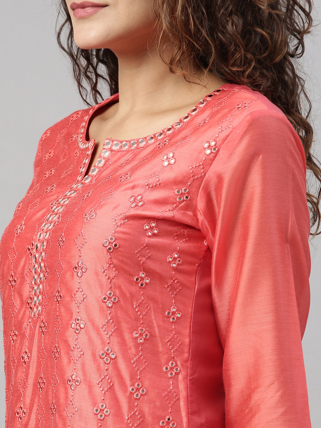 Neerus Orange Chanderi Chikankari Kurta - detail view 1