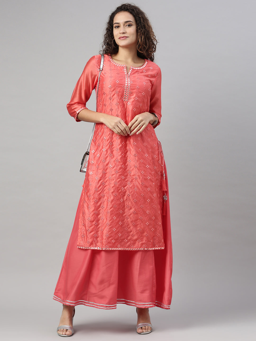 Neerus Orange Chanderi Chikankari Kurta - detail view 2