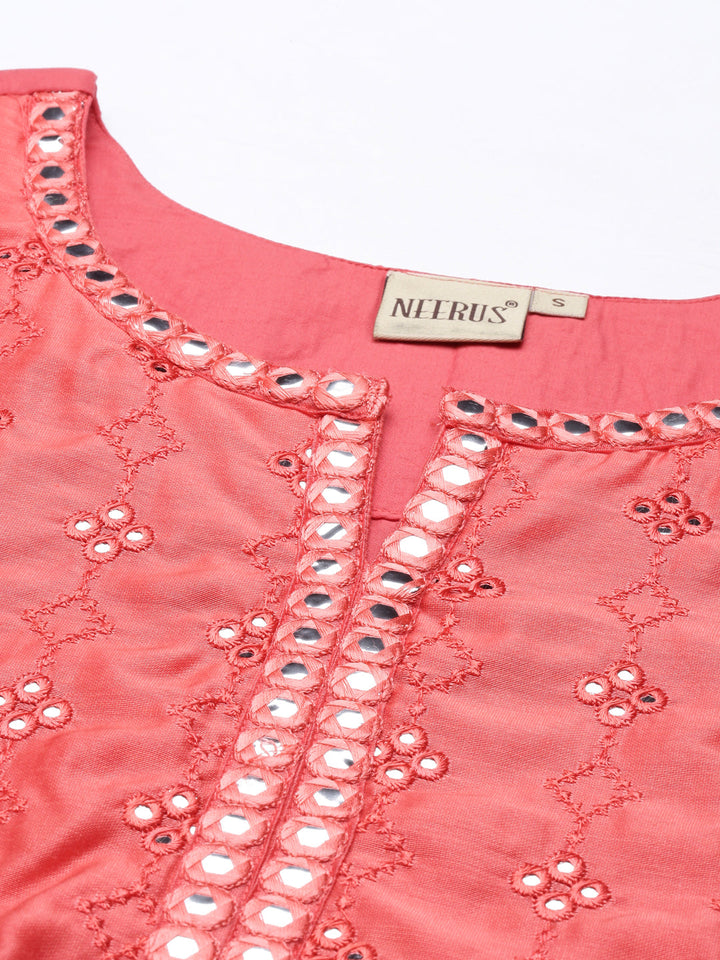 Neerus Orange Chanderi Chikankari Kurta - detail view 3