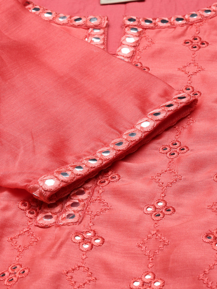 Neerus Orange Chanderi Chikankari Kurta - detail view 4
