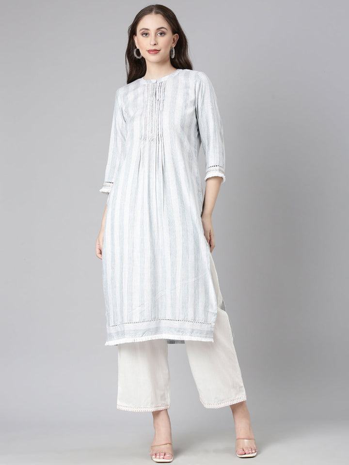 Neerus Grey Casual Striped Straight Kurtas