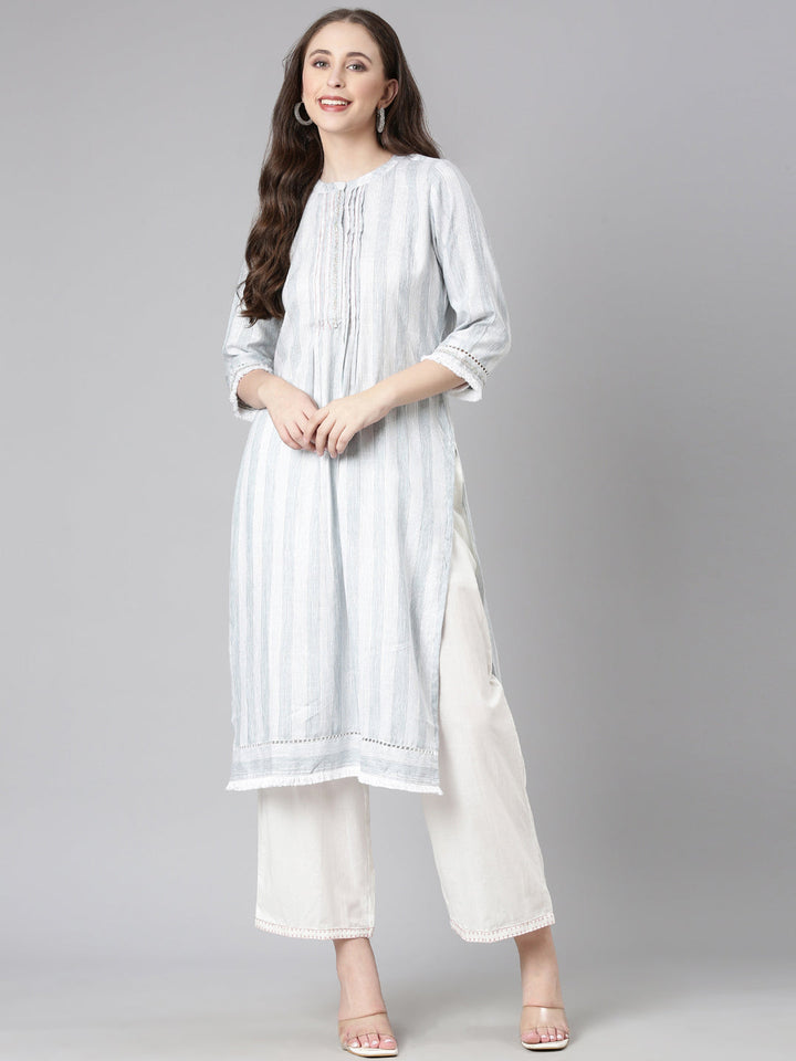 Neerus Grey Casual Striped Straight Kurtas